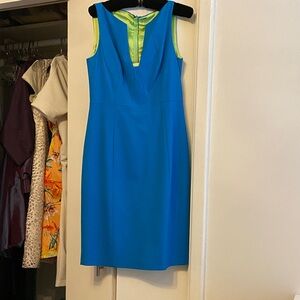 Elie Tahari Vibrant Blue Midi Dress with Green Highlights